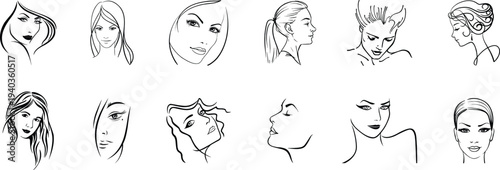 Female face line art illustration set with elegant minimal portraits. Beauty, hairstyle, and profile sketches in modern continuous line style for branding, fashion, and cosmetic design. Clean feminine
