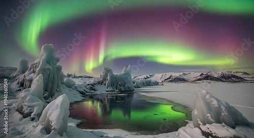 Wallpaper Mural Aurora Borealis Display Over Frozen Landscape at Night. Torontodigital.ca