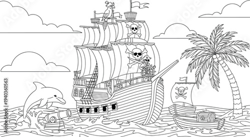 Pirate Ship Adventure Coloring Book Page Featuring Sailing Vessel Treasure Chest Palm Tree Dolphin and Tropical Island Scene for Kids Creative Educational Hobby Projects