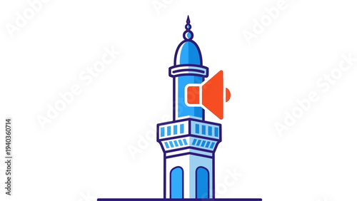 Illustration of a blue tower with a red play button on a simple background from a straight-on viewpoint