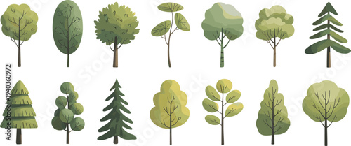 Collection of twelve stylized trees in artistic cartoon design with diverse foliage patterns, trunk shapes, and canopy forms for landscape, education, and decorative artwork