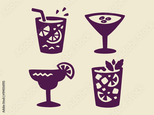Cocktail drinks set minimal silhouette vector illustration