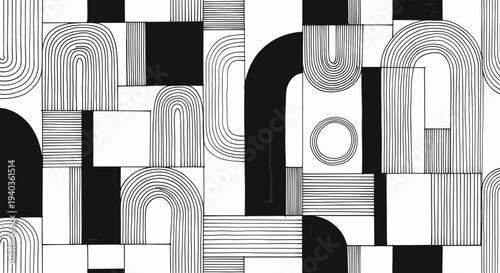 Abstract geometric pattern of black white shapes.