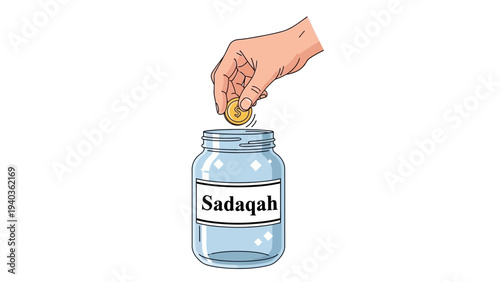 Hand dropping coin into Sadaqah jar, charity donation, illustration concept, close-up view