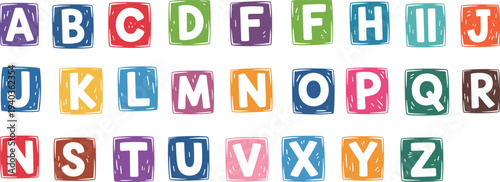 Colorful alphabet blocks A to Z with playful hand-drawn style, educational children’s learning design for teaching letters, fun classroom activity illustration