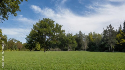 Vast green field stretches under clear blue sky