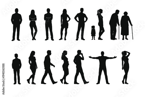 A collection of black silhouettes featuring a diverse group of business people, men, and women in suits walking and standing as a professional team