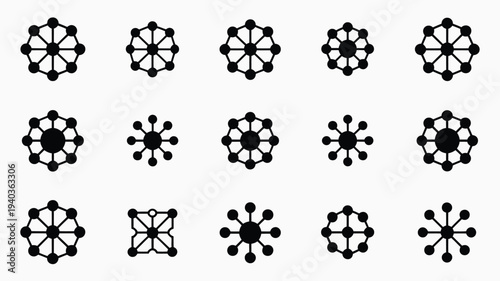 Collection of minimalist network and data connection symbols in black and white