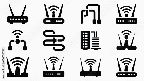 Collection of sleek data network icons including routers and modems on a clean background