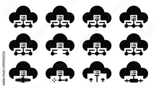 Cloud computing and data network icons silhouette logos featuring servers and clouds on white background technology and internet concepts
