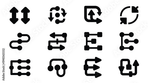 Minimalist data network icons set with arrows and connections on white background for tech and communication concepts