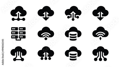 Minimalist icons depicting cloud data network and server symbols in black on white background for business technology concepts