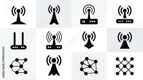 Collection of 12 minimalist black network and wireless communication icons on gray and white backgrounds representing connectivity and data transfer concepts