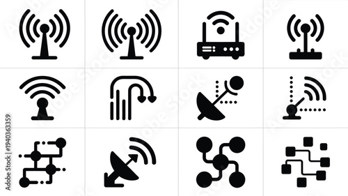 Set of black vector icons depicting various wireless communication symbols and network connection signals on white background