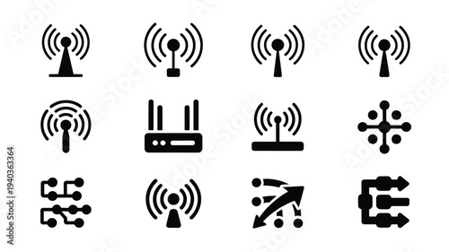 Collection of minimalist black vector icons depicting various wireless communication symbols and technology related graphics on a white background