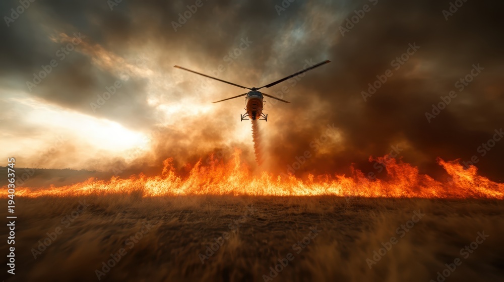 Obraz premium A helicopter hovers over a blazing wildfire, with thick smoke billowing behind, epitomizing the fierce struggle against nature and the challenges of fire control.