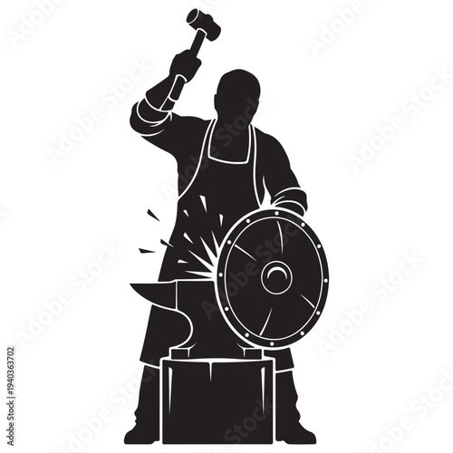 Blacksmith skillfully forging metal on anvil with hammer and shield
