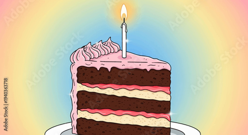 A slice of chocolate birthday cake.