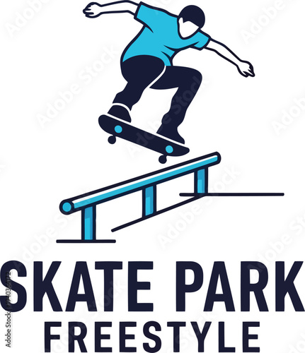 Skate Park Freestyle Logo with Skateboarder Performing Trick on Rail Vector Illustration