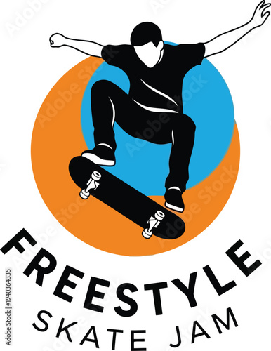 Freestyle Skate Jam Logo with Skater Silhouette Performing Trick on Skateboard, Modern Vector Design