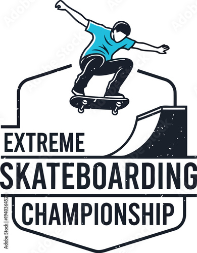 Extreme Skateboarding Championship Logo with Skater Performing Trick on Ramp Vector Illustration