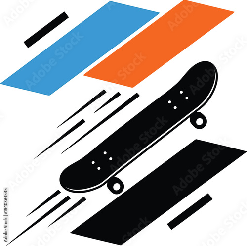 Modern abstract skateboard illustration with dynamic geometric shapes and bold colors for urban sports design