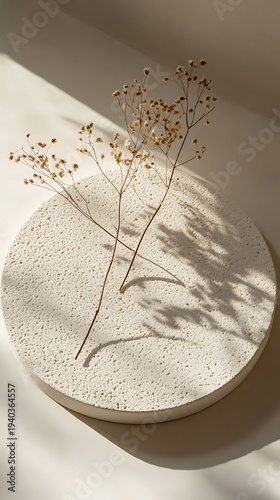 Wallpaper Mural Two slender dried plant branches with small seeds are carefully placed on a porous cream colored round display Torontodigital.ca