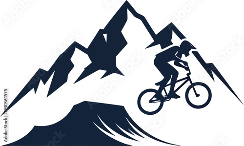 Mountain Biking Silhouette Logo with Cyclist and Rugged Peaks for Outdoor Adventure Branding