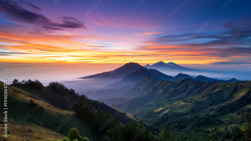Fototapeta premium Mountain view above clouds flowers and blooming bushes at sunset sunbeams. Calm close-up beautiful landscape, screensaver background, Beautiful panorama. Summer vacation, holiday, amazing nature.
