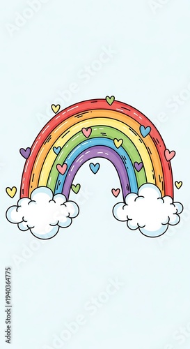 Colorful Cartoon Rainbow with Hearts and Clouds.