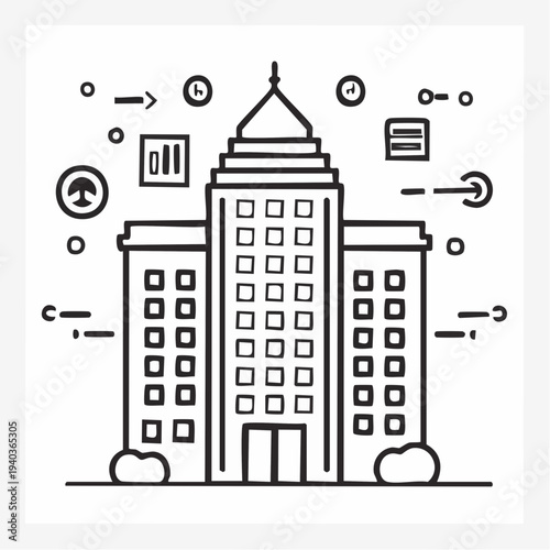 Simple line art illustration of a government or institutional building with various icons.