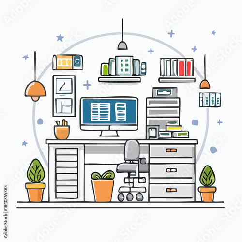 Modern office workspace with computer and office supplies.