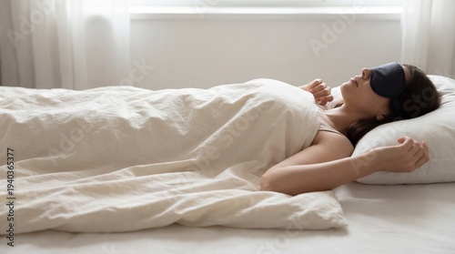 Young woman sleeping peacefully under a light blanket with mask  