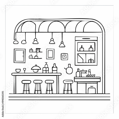 Line art illustration of a modern minimalist bar with stools and decorative elements.