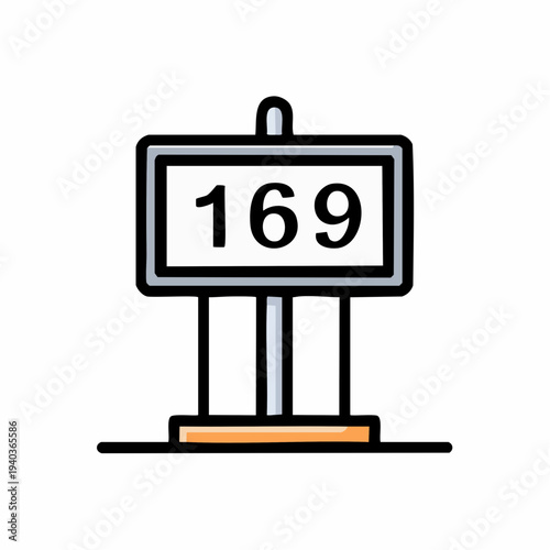 Simple black and white illustration of a sign with number 169.