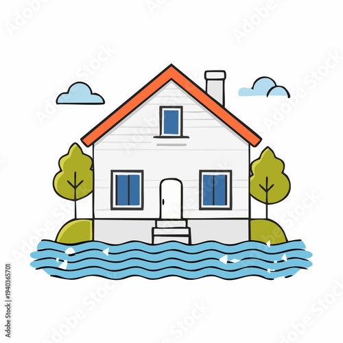 Flooded house with orange roof and surrounding water.
