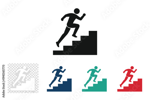 Business people running up stairs in a simple silhouette icon style representing competition, activity, and progress