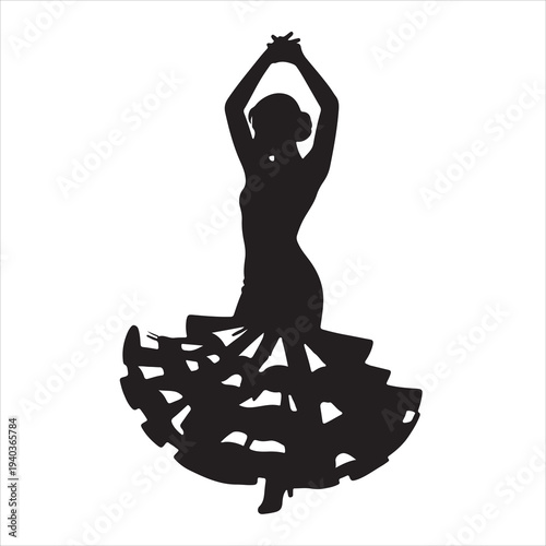 Vector illustration of a beautiful black silhouette of a fashion model lady dancing in a dress, capturing the artistic figure and body of a person performing yoga or sport dance