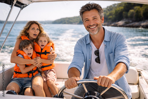 Happy middle-aged man steering a small motor boat while frightened wife holds and protects children in life jackets behind him, strong emotional contrast, family boating moment on sunny water.