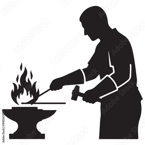 Blacksmith shaping metal with hammer and fire on anvil, skilled craftsperson at work