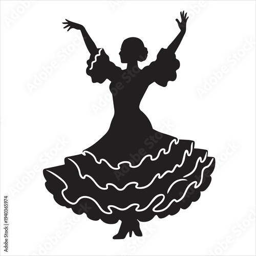Vector illustration set of elegant dancing silhouettes and fashion ladies in vintage dresses featuring a fairy princess bride and flamenco dancer art design