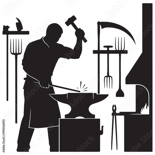 Blacksmith hammering glowing metal on anvil in workshop, sparks flying