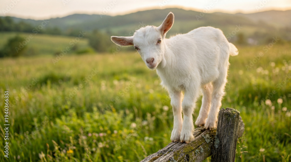 Fototapeta premium Cute white baby goat balancing on rustic wooden fence post with lush green hillside pasture in soft evening light