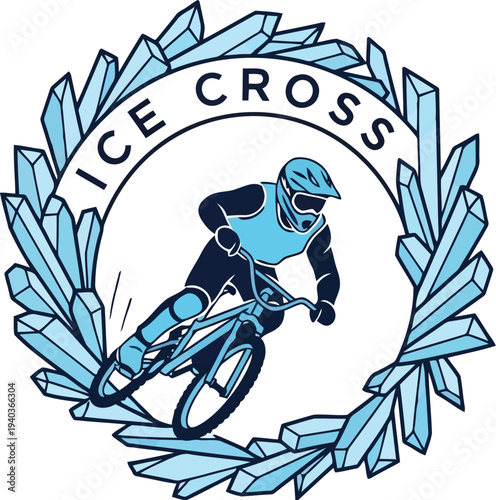 Ice Cross Biking Logo with Cyclist and Crystal Wreath for Winter Sports Branding