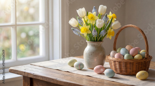 Pastel colored Easter eggs in wicker basket with white tulips daffodils and muscari bouquet on farmhouse table