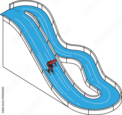 Isometric Illustration of Water Slide with Person Sliding Down in Aquatic Park Attraction