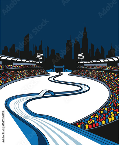 Winter sports stadium with ice track and city skyline at night, colorful crowd, vector illustration