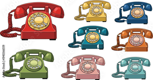 Vintage rotary dial telephone vector collection with colorful retro landline phones classic communication device illustration set