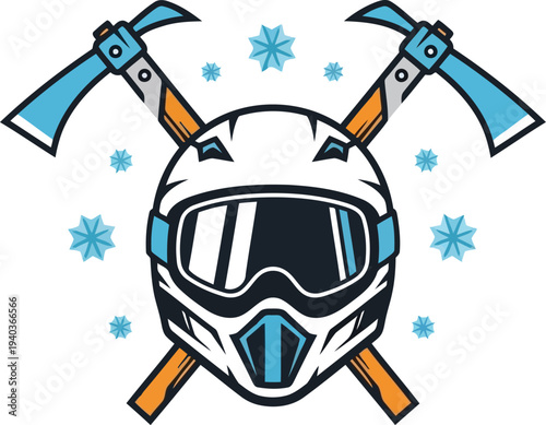 Winter mountaineering helmet with ice axes and snowflakes vector illustration for extreme sports logo