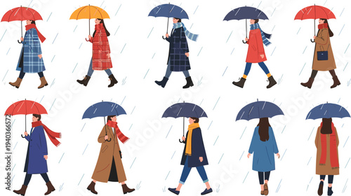 People walking with umbrellas in rainy weather vector set with stylish characters wearing coats and scarves autumn rain illustration